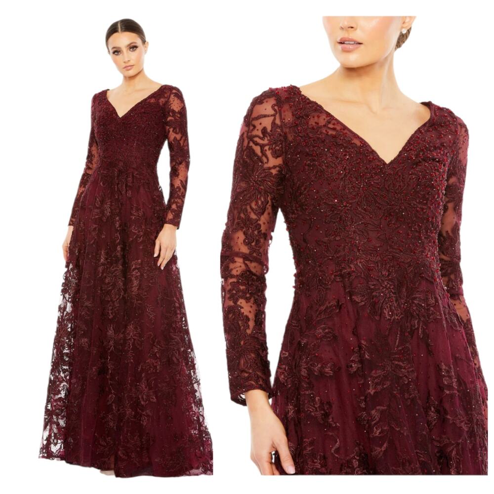 Mac Duggal 20409 Burgundy Beaded Embroidered Gown Long Sleeve Formal Dress 12